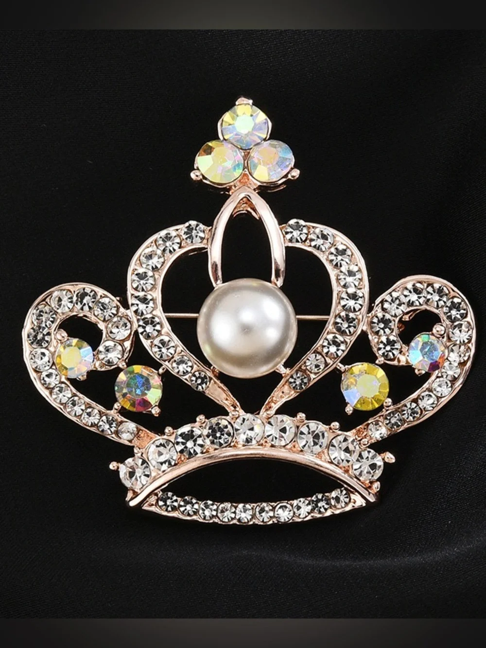 Rose Gold Rhinestone Crown Brooch with Pearl – Sparkling Royal Tiara Pin